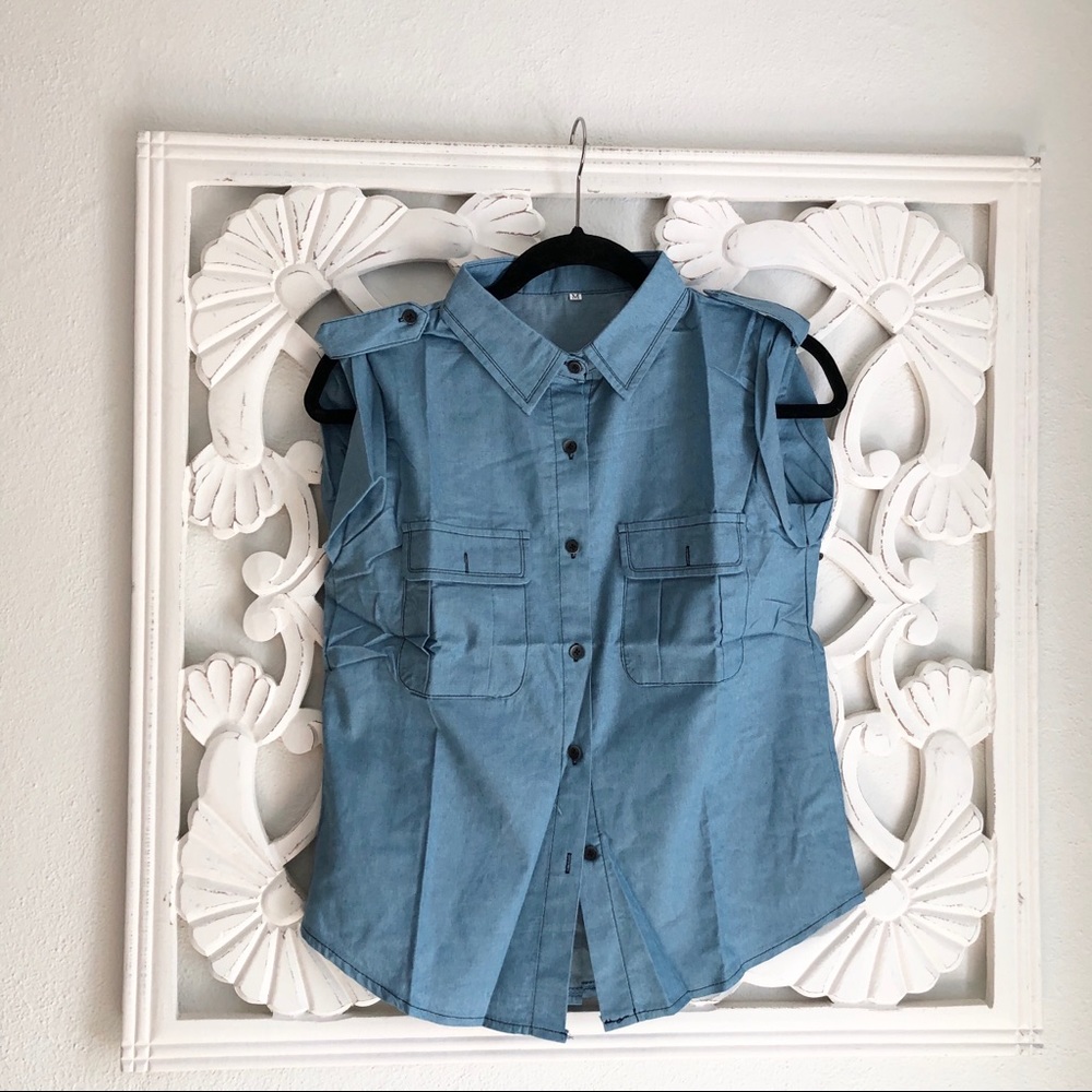 Light Blue Capped sleeve Button Down Shirt